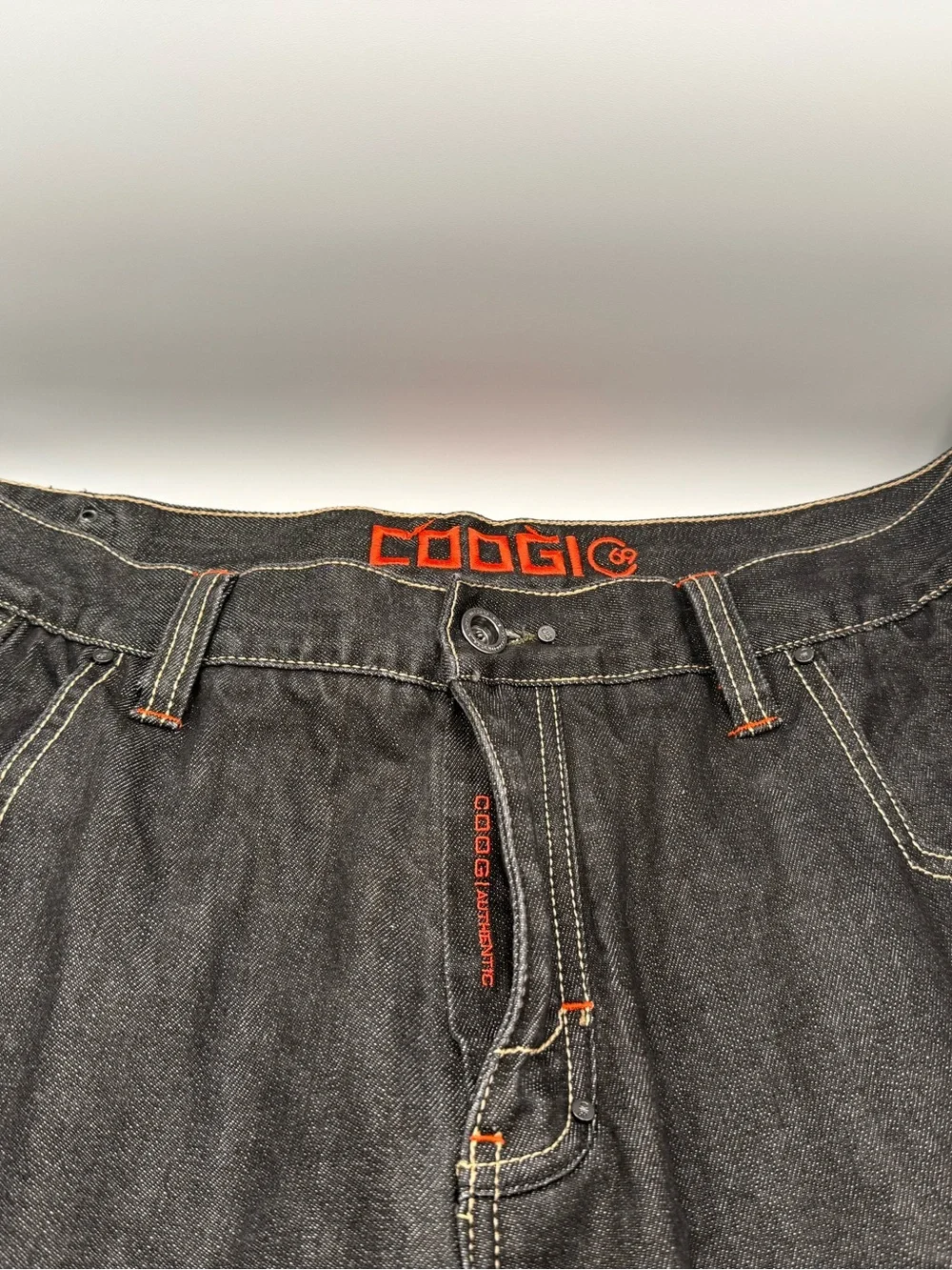 Vintage COOGI Black Denim Orange Embroidered Spell Out Baggy Hip Hop Jeans
